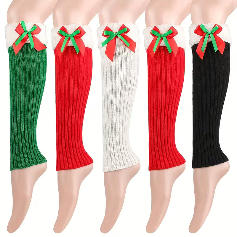 Christmas Plush Leg Warmers with Bows, Women's Winter Cozy Foot Covers