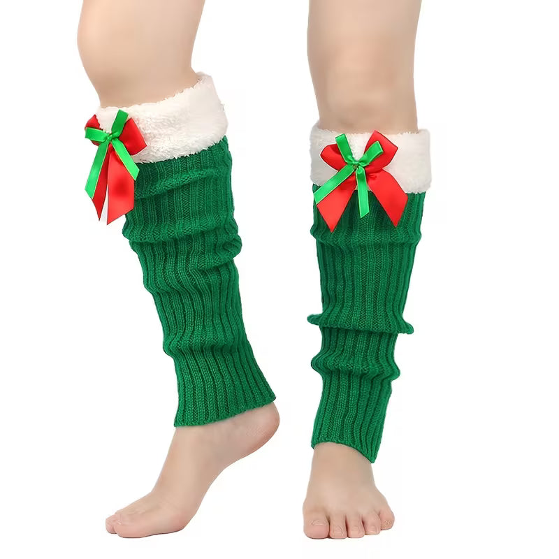 Christmas Plush Leg Warmers with Bows, Women's Winter Cozy Foot Covers