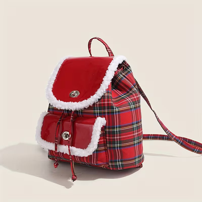 Christmas Red Plaid Backpack, Women's Winter Fashion School Bag
