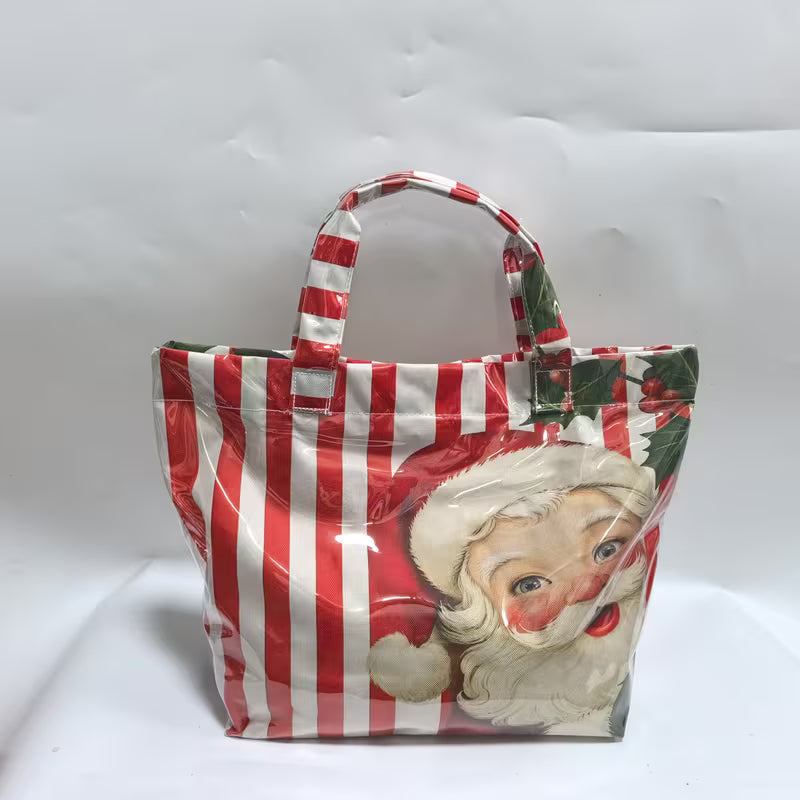 Christmas Striped Tote Bag, Santa Print Top-Handle Purse for Women
