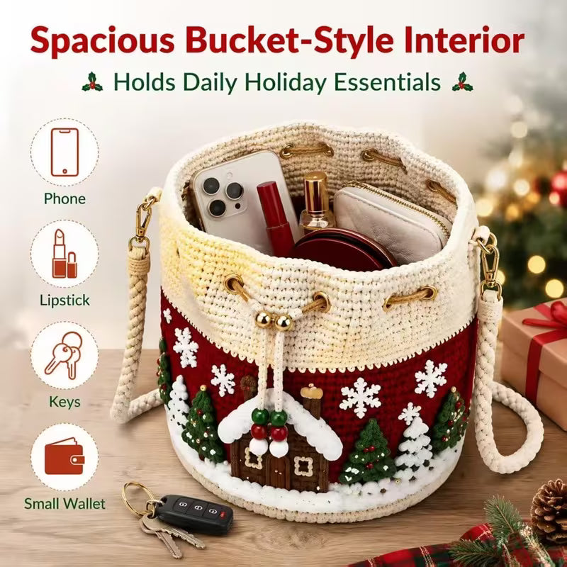 Christmas Crochet Bucket Bag, Santa Reindeer Drawstring Crossbody Purse