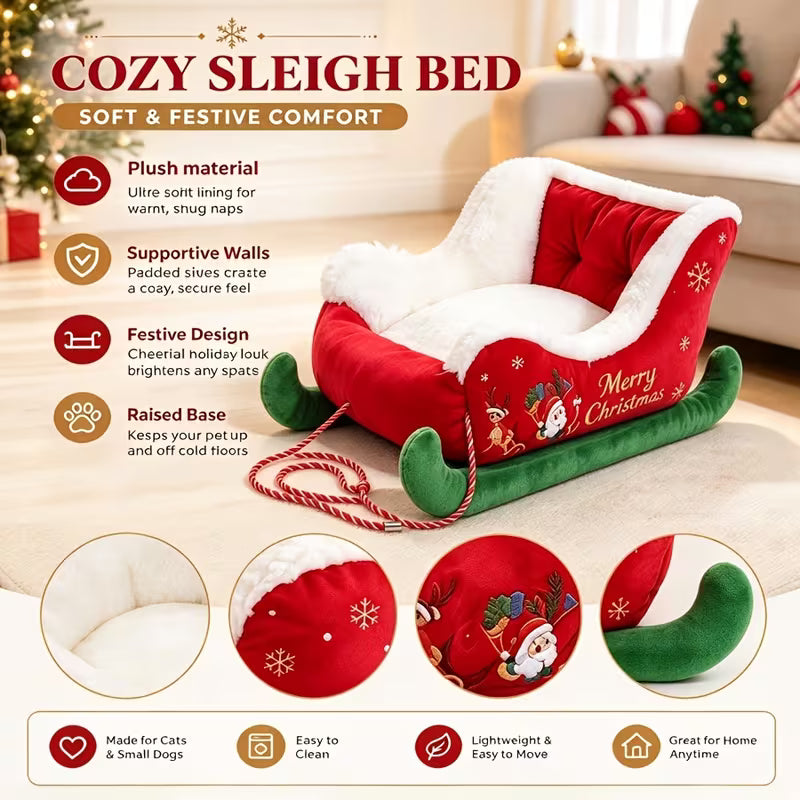 Christmas Sleigh Pet Bed, Plush High Bolster Cat Dog Sofa - Small