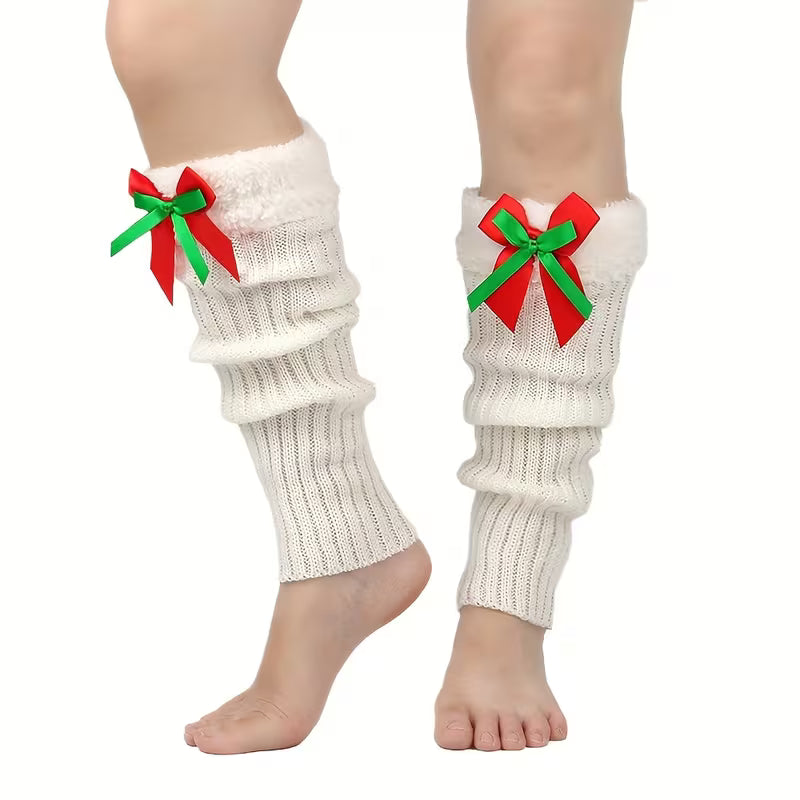 Christmas Plush Leg Warmers with Bows, Women's Winter Cozy Foot Covers