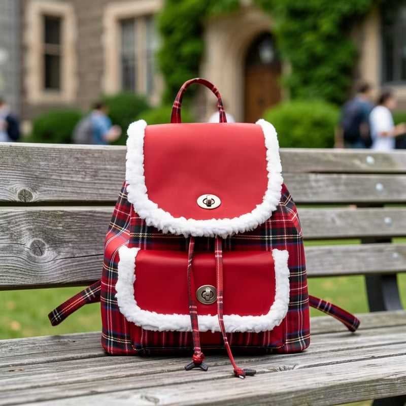 Christmas Red Plaid Backpack, Women's Winter Fashion School Bag