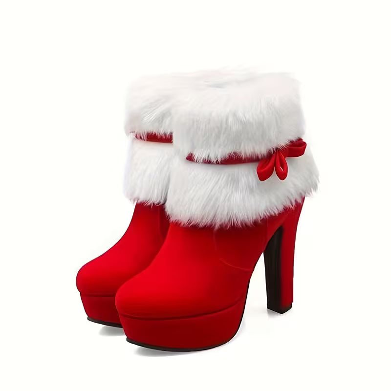 Women's Platform Plush Christmas Boots, High Heel Warm Winter Booties
