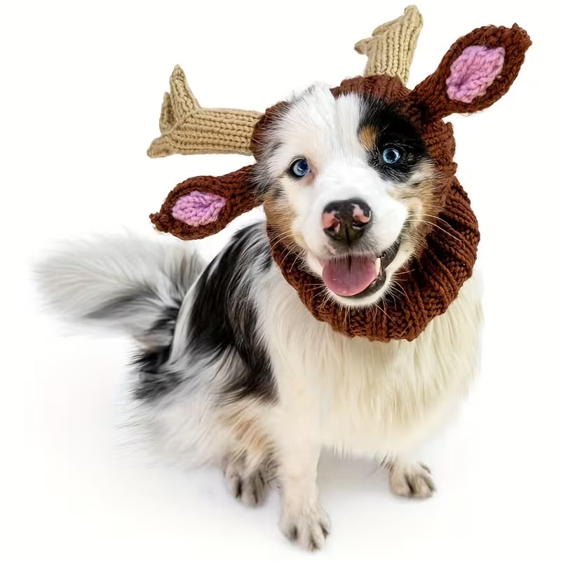 Dog Cat Reindeer Knit Costume | Warm Pet Pullover Hat Outfit for Christmas Halloween New Year