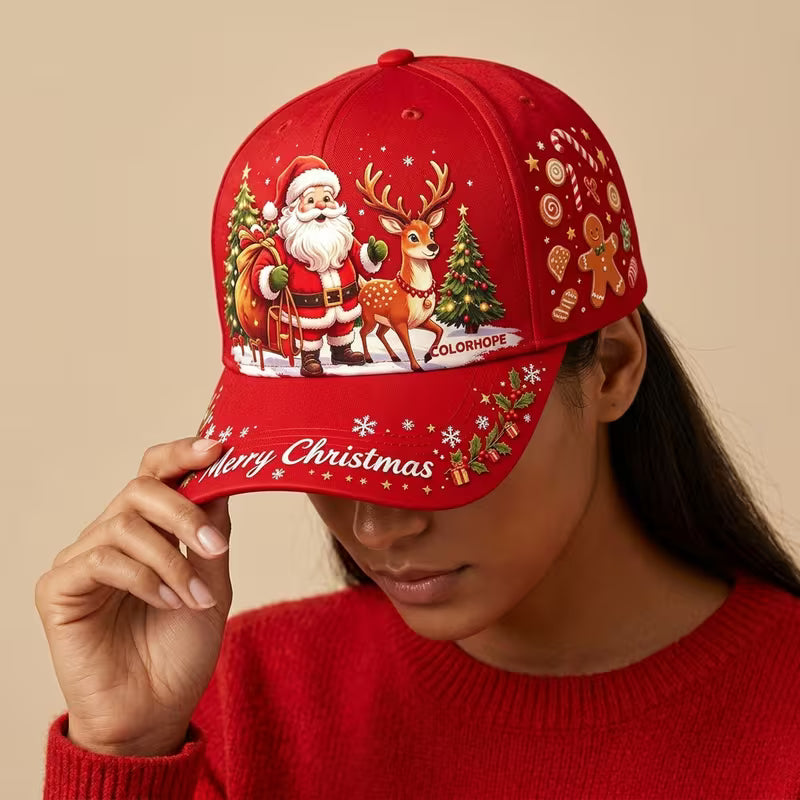 Christmas Baseball Cap, Santa Reindeer Print Adjustable Hat for Men Women
