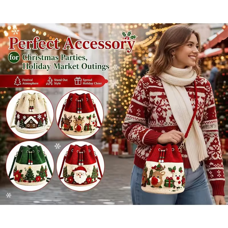 Christmas Crochet Bucket Bag, Santa Reindeer Drawstring Crossbody Purse