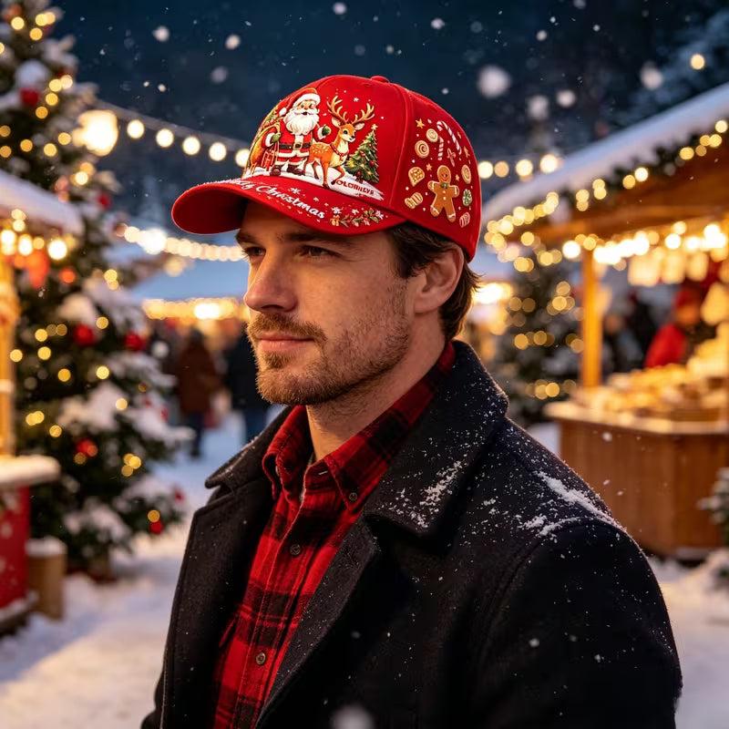 Christmas Baseball Cap, Santa Reindeer Print Adjustable Hat for Men Women