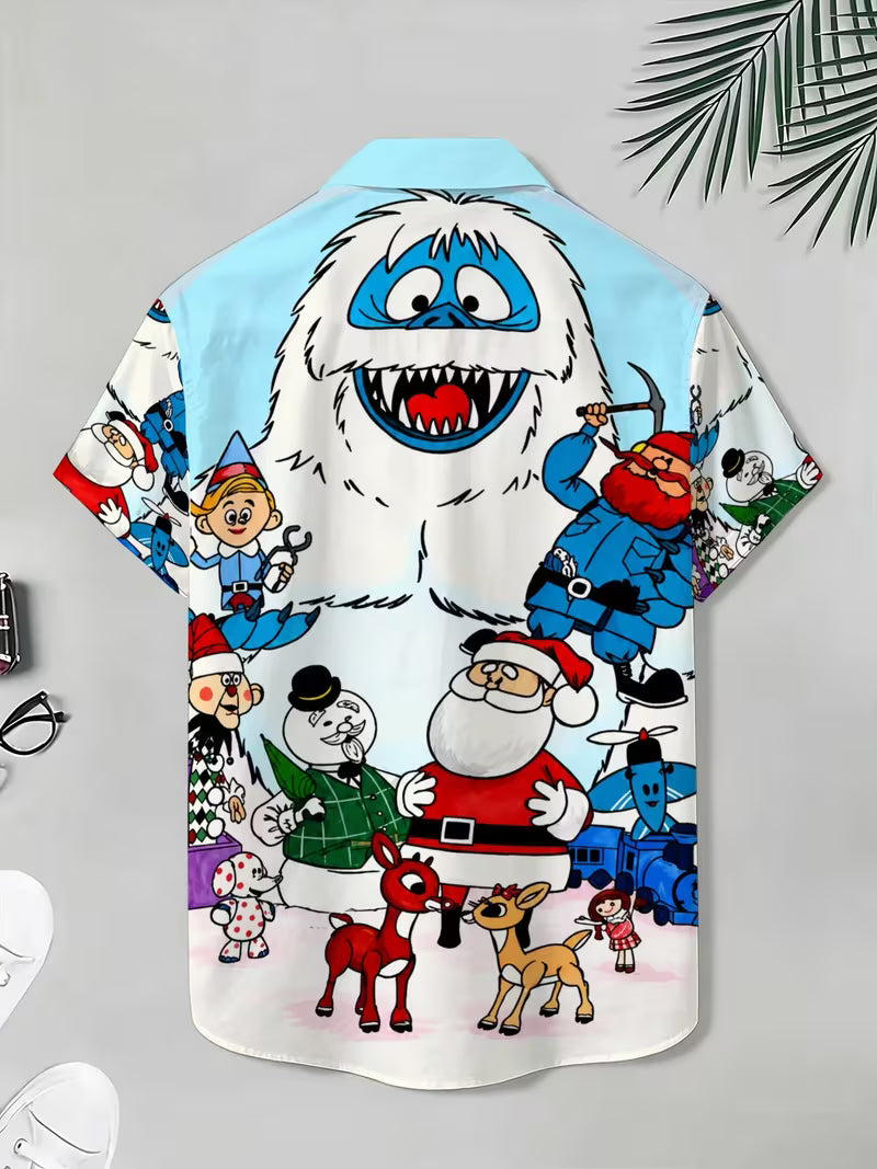 Men's Christmas Reindeer Snowman Shirt, Festive Casual Button-Down