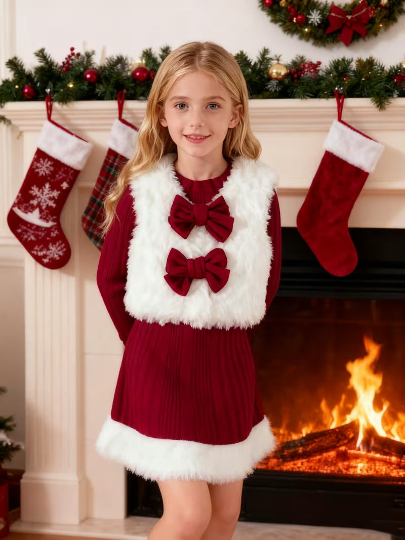Girls 2Pcs Outfit Set, Bow Fleece Vest + Ribbed Knit Dress, Christmas Kids Clothes