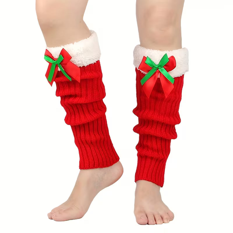 Christmas Plush Leg Warmers with Bows, Women's Winter Cozy Foot Covers