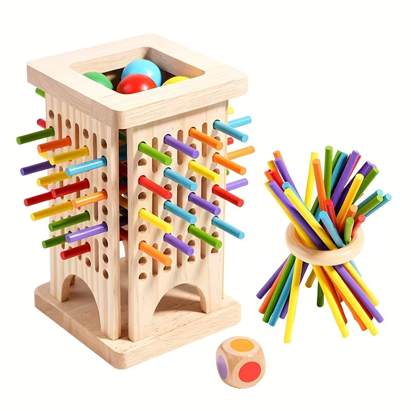Wooden 3-in-1 Pull Stick Game | Kids Dice Rolling Color Matching Parent-Child Board Game