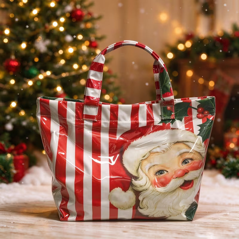 Christmas Striped Tote Bag, Santa Print Top-Handle Purse for Women