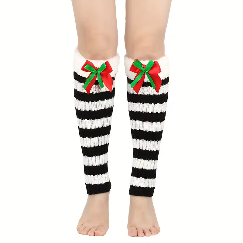 Christmas Plush Leg Warmers with Bows, Women's Winter Cozy Foot Covers