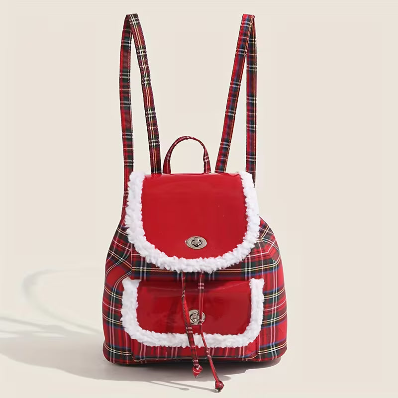 Christmas Red Plaid Backpack, Women's Winter Fashion School Bag