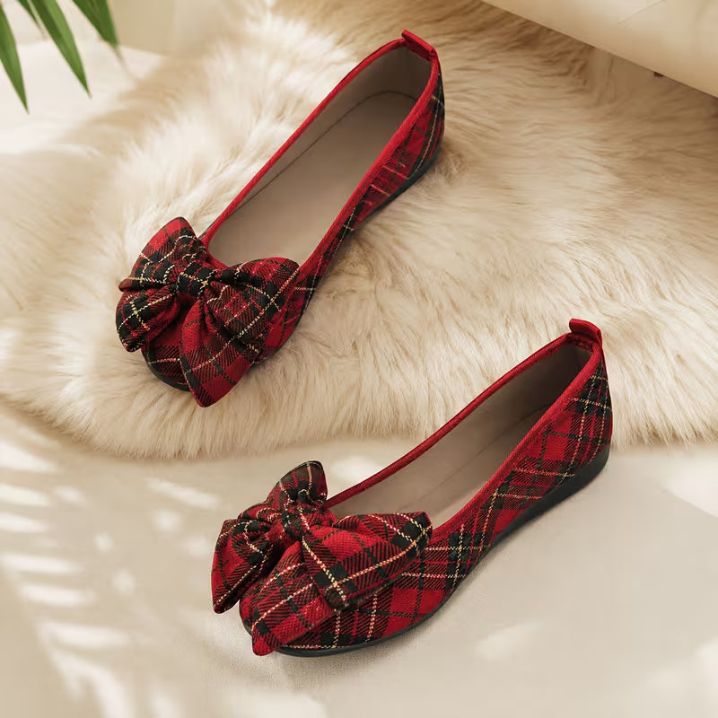 Women's Plaid Bow Flats, Vintage British Christmas Shallow Mouth Shoes