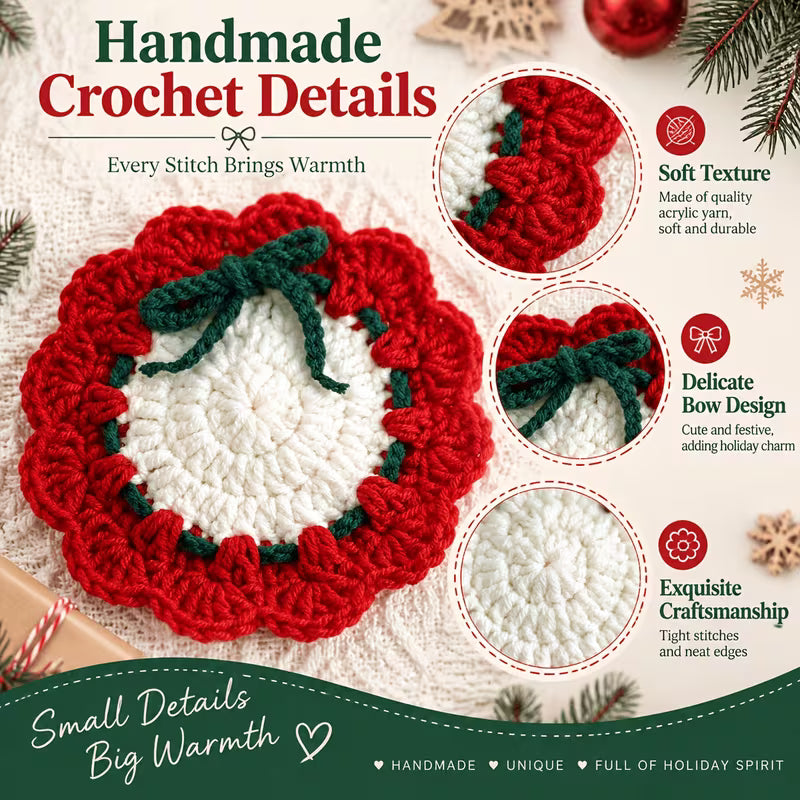 Red Green Bow Knitted Christmas Coasters | Acrylic Heat Resistant Cup Pads for Table Decor