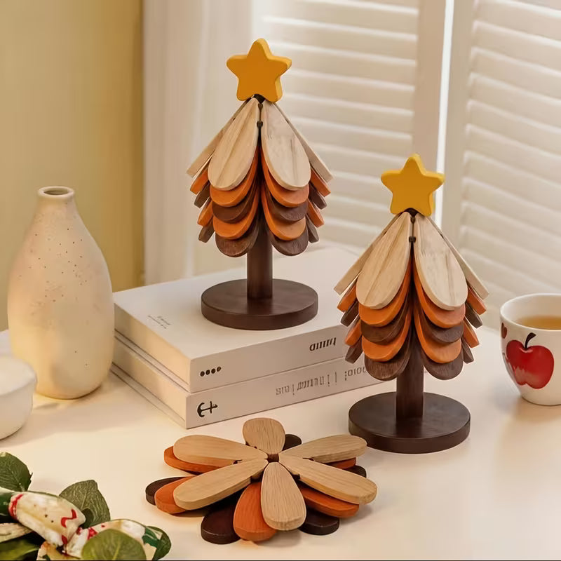 Embroidered Lace Christmas Tree Coaster | Bamboo Foldable Heat Resistant Cup Mat