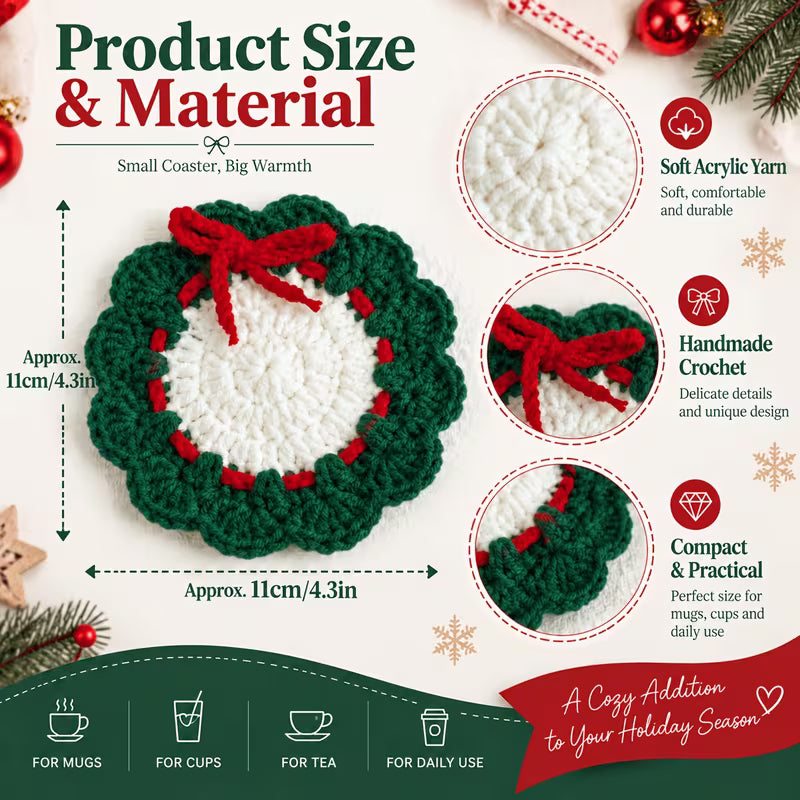 Red Green Bow Knitted Christmas Coasters | Acrylic Heat Resistant Cup Pads for Table Decor