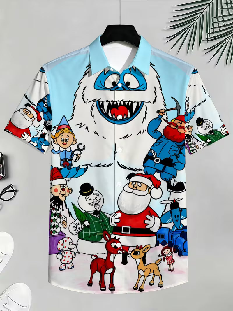 Men's Christmas Reindeer Snowman Shirt, Festive Casual Button-Down