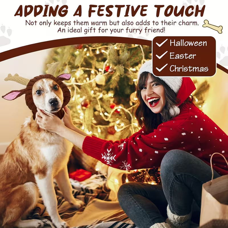 Dog Cat Reindeer Knit Costume | Warm Pet Pullover Hat Outfit for Christmas Halloween New Year