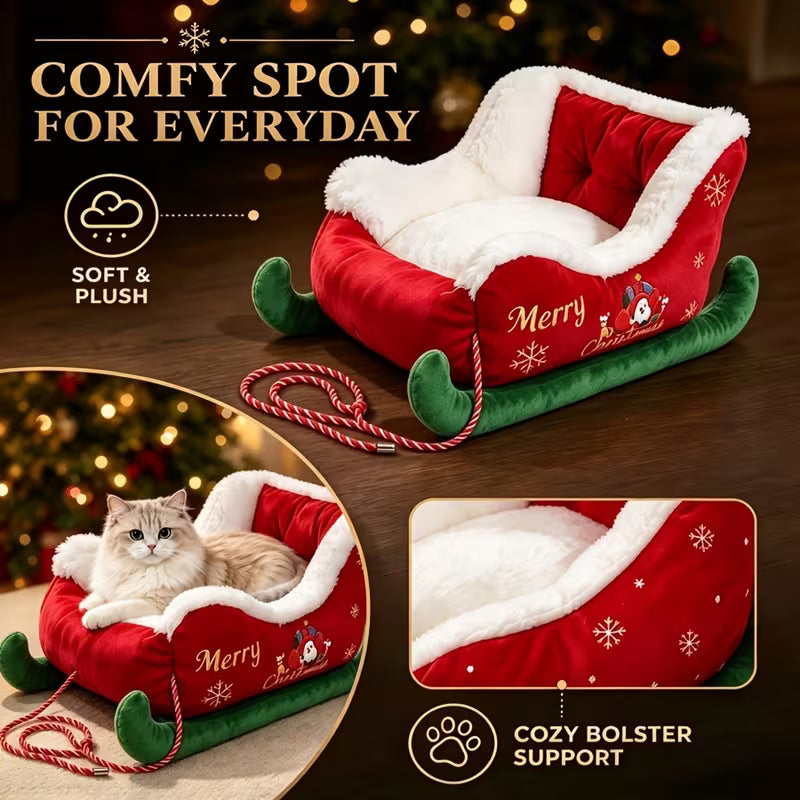 Christmas Sleigh Pet Bed, Plush High Bolster Cat Dog Sofa - Small