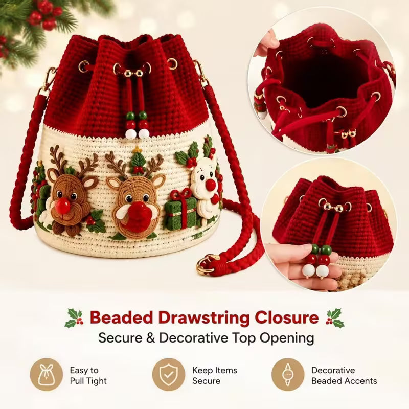 Christmas Crochet Bucket Bag, Santa Reindeer Drawstring Crossbody Purse