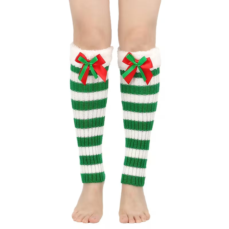 Christmas Plush Leg Warmers with Bows, Women's Winter Cozy Foot Covers