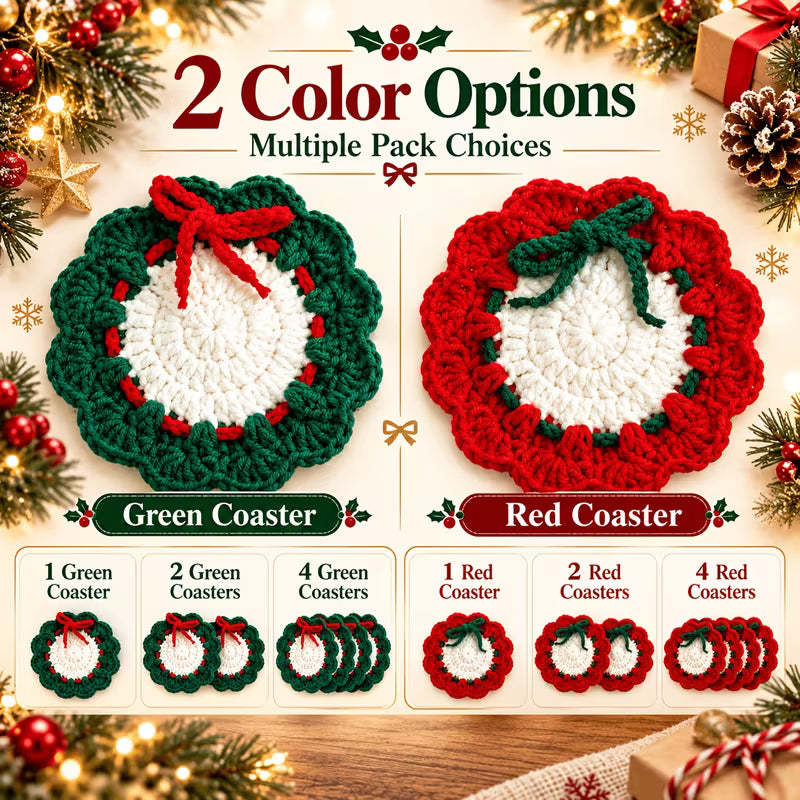 Red Green Bow Knitted Christmas Coasters | Acrylic Heat Resistant Cup Pads for Table Decor