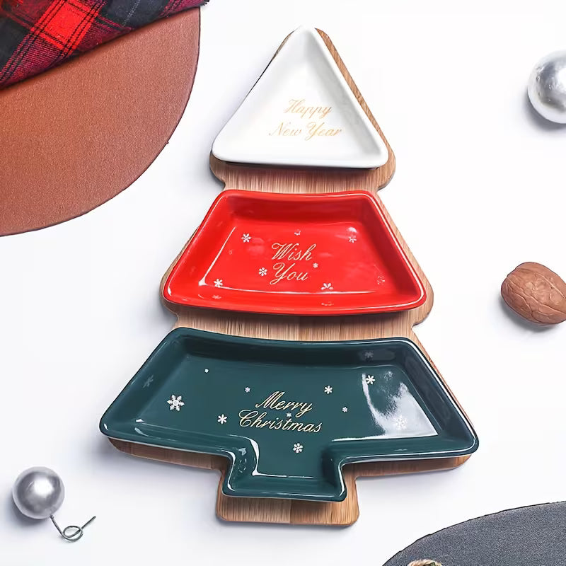 Christmas Tree-Shaped Ceramic Snack Plate Set, 3-Tier Detachable Serving Tray