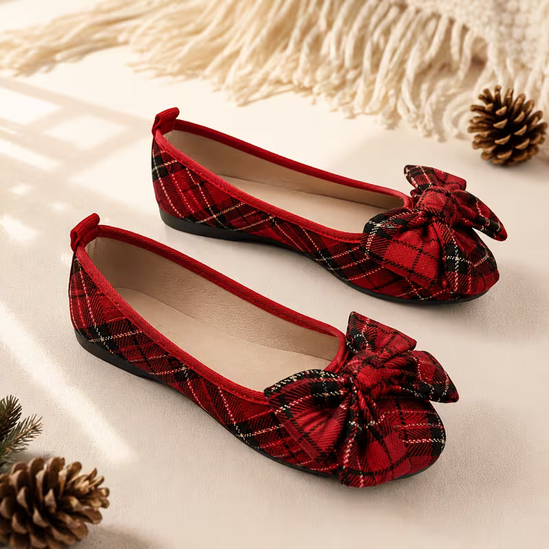 Women's Plaid Bow Flats, Vintage British Christmas Shallow Mouth Shoes