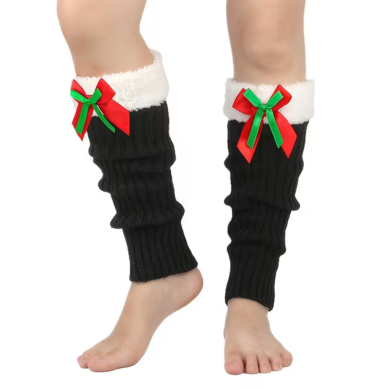 Christmas Plush Leg Warmers with Bows, Women's Winter Cozy Foot Covers