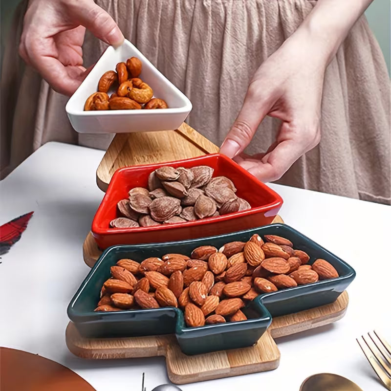 Christmas Tree-Shaped Ceramic Snack Plate Set, 3-Tier Detachable Serving Tray