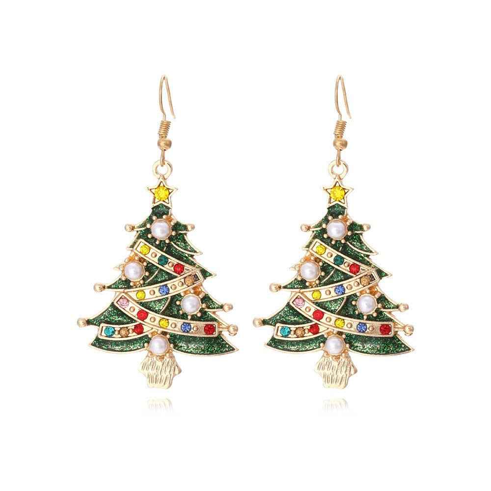 Rhinestone Pearl Christmas Tree Earrings