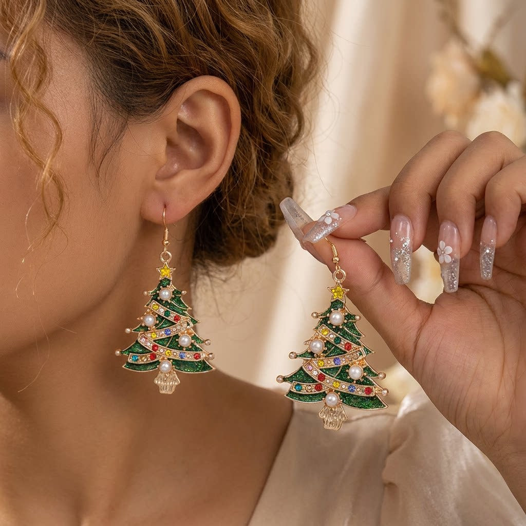 Rhinestone Pearl Christmas Tree Earrings