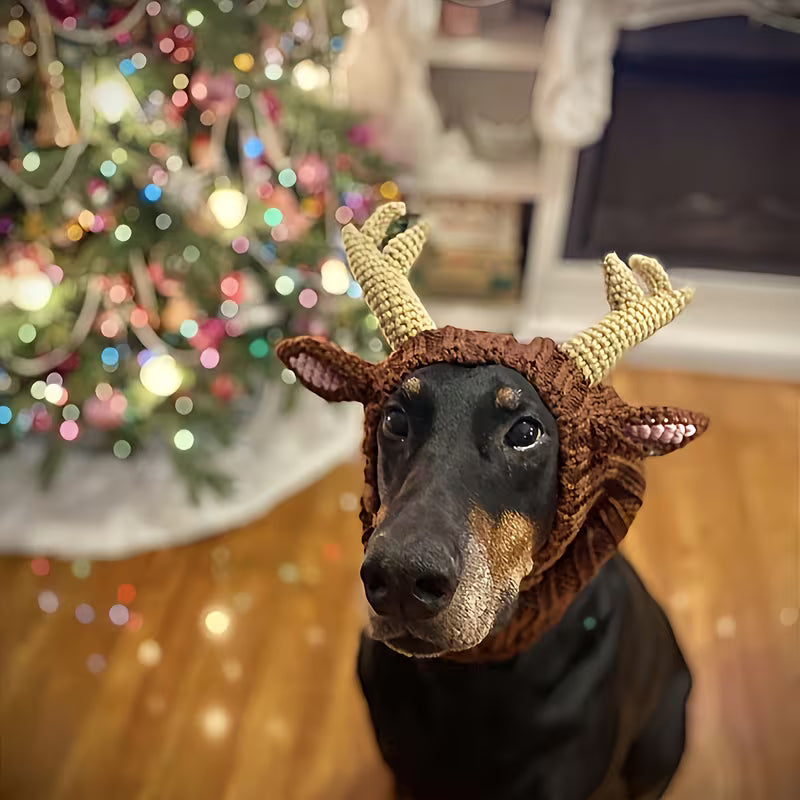 Dog Cat Reindeer Knit Costume | Warm Pet Pullover Hat Outfit for Christmas Halloween New Year