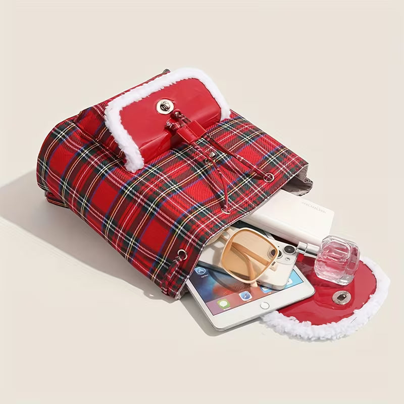 Christmas Red Plaid Backpack, Women's Winter Fashion School Bag