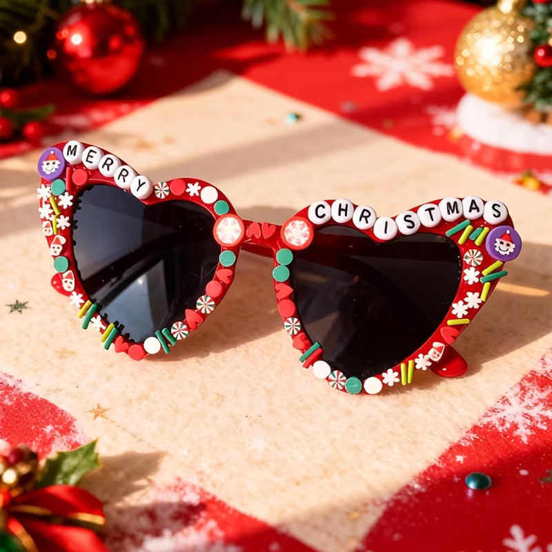 Heart-Shaped Christmas Glasses, Merry Christmas Party Photo Props