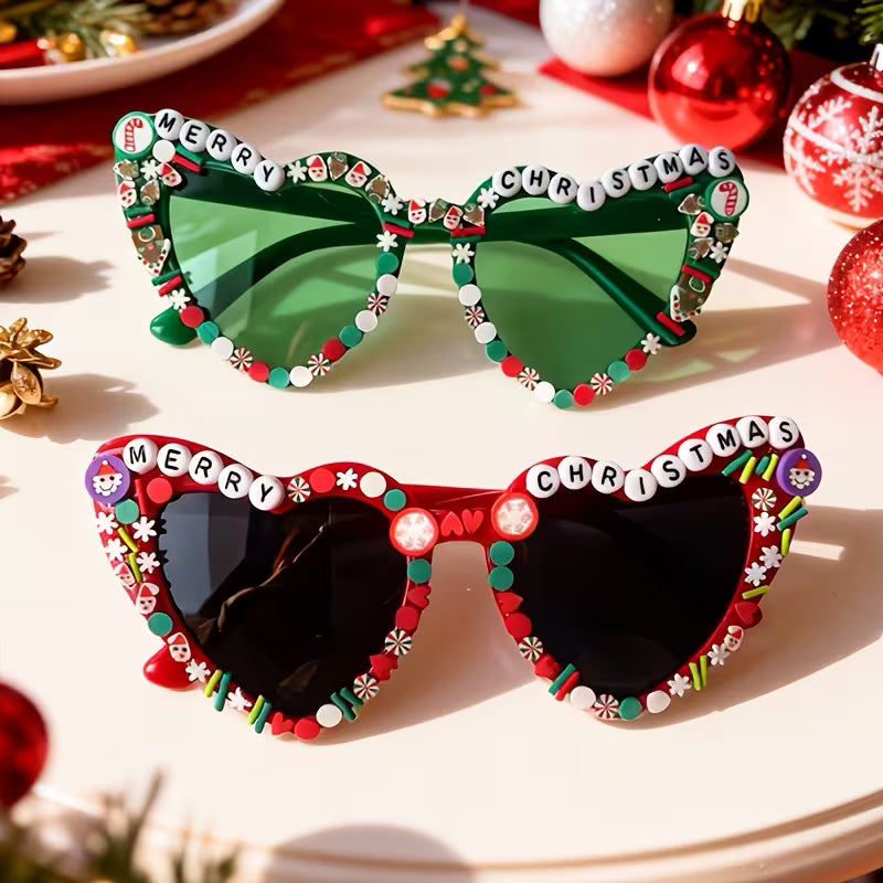 Heart-Shaped Christmas Glasses, Merry Christmas Party Photo Props