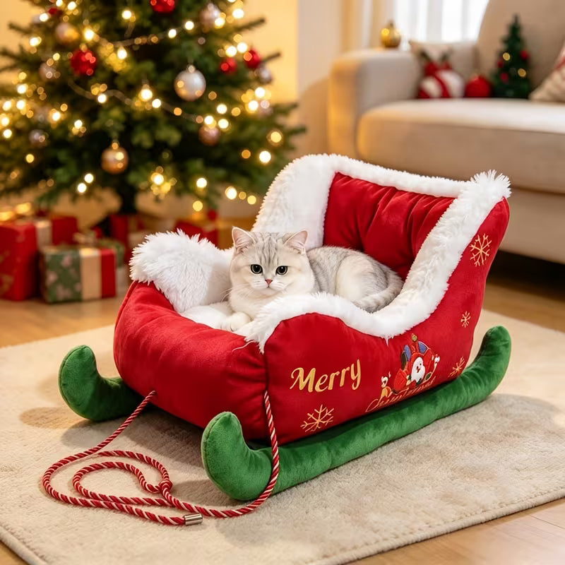 Christmas Sleigh Pet Bed, Plush High Bolster Cat Dog Sofa - Small