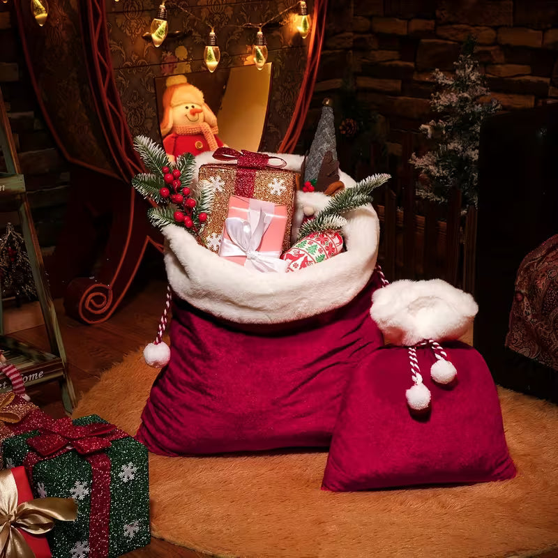 Large Red Velvet Santa Sack | Drawstring Christmas Gift Present Bag