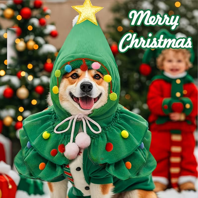 Christmas Tree Pet Cape Shawl | Knit Polyester Tether Costume for Small Cats and Dogs