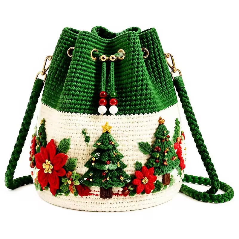 Christmas Crochet Bucket Bag, Santa Reindeer Drawstring Crossbody Purse