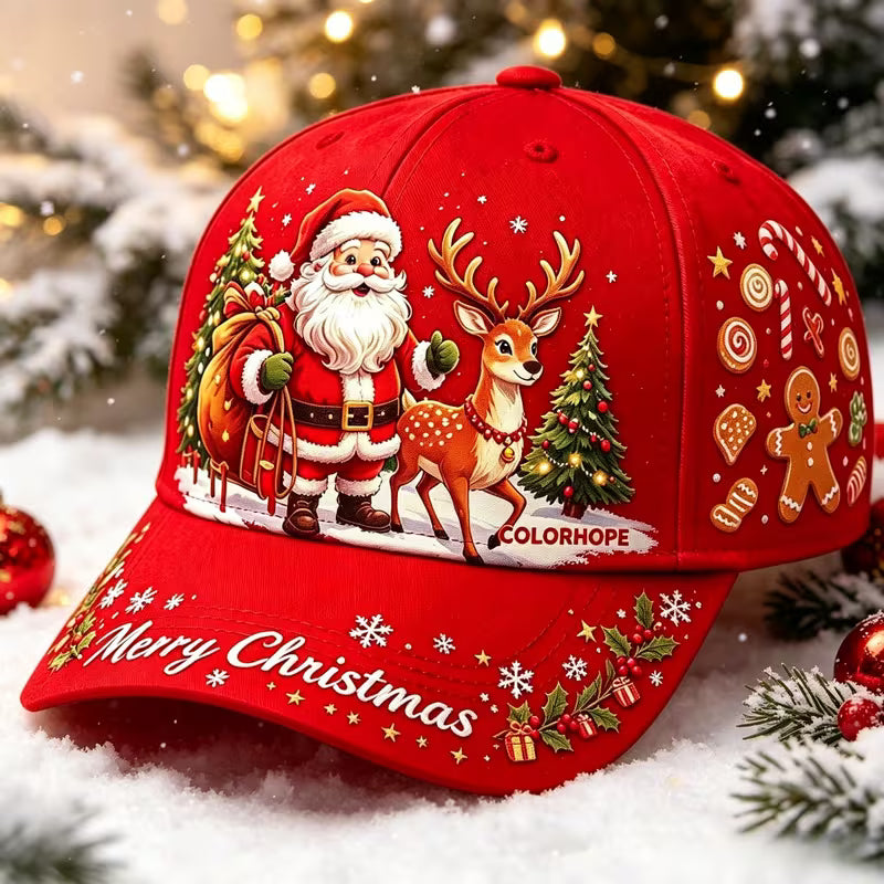 Christmas Baseball Cap, Santa Reindeer Print Adjustable Hat for Men Women