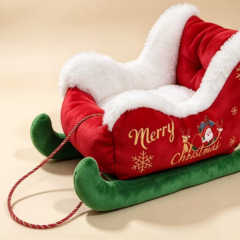 Christmas Sleigh Pet Bed, Plush High Bolster Cat Dog Sofa - Small