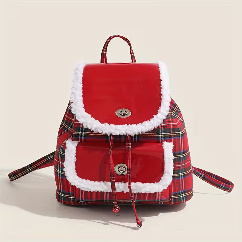 Christmas Red Plaid Backpack, Women's Winter Fashion School Bag