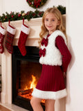 Girls 2Pcs Outfit Set, Bow Fleece Vest + Ribbed Knit Dress, Christmas Kids Clothes