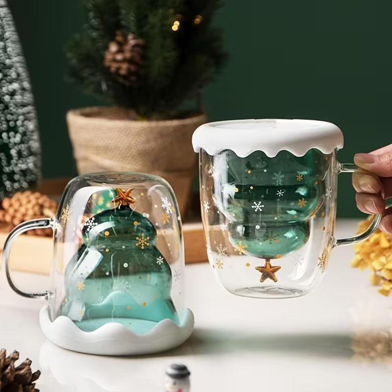 10oz Christmas Double-Wall Glass Coffee Mug, Insulated Holiday Tea Cup