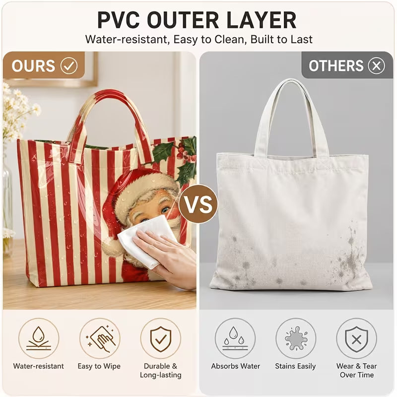 Christmas Striped Tote Bag, Santa Print Top-Handle Purse for Women